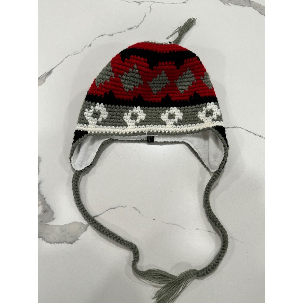 Screamer‎ Men Knit Chullo Earflap Beanie Hat Fleece Lined Red Grey Geometric